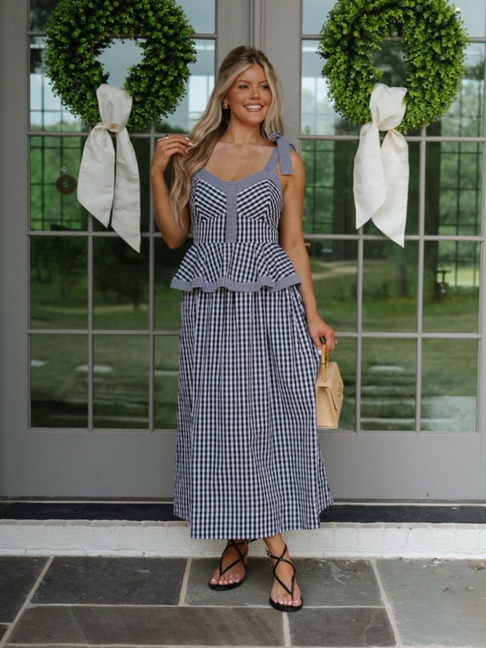 Gingham Maxi Skirt in Navy and White